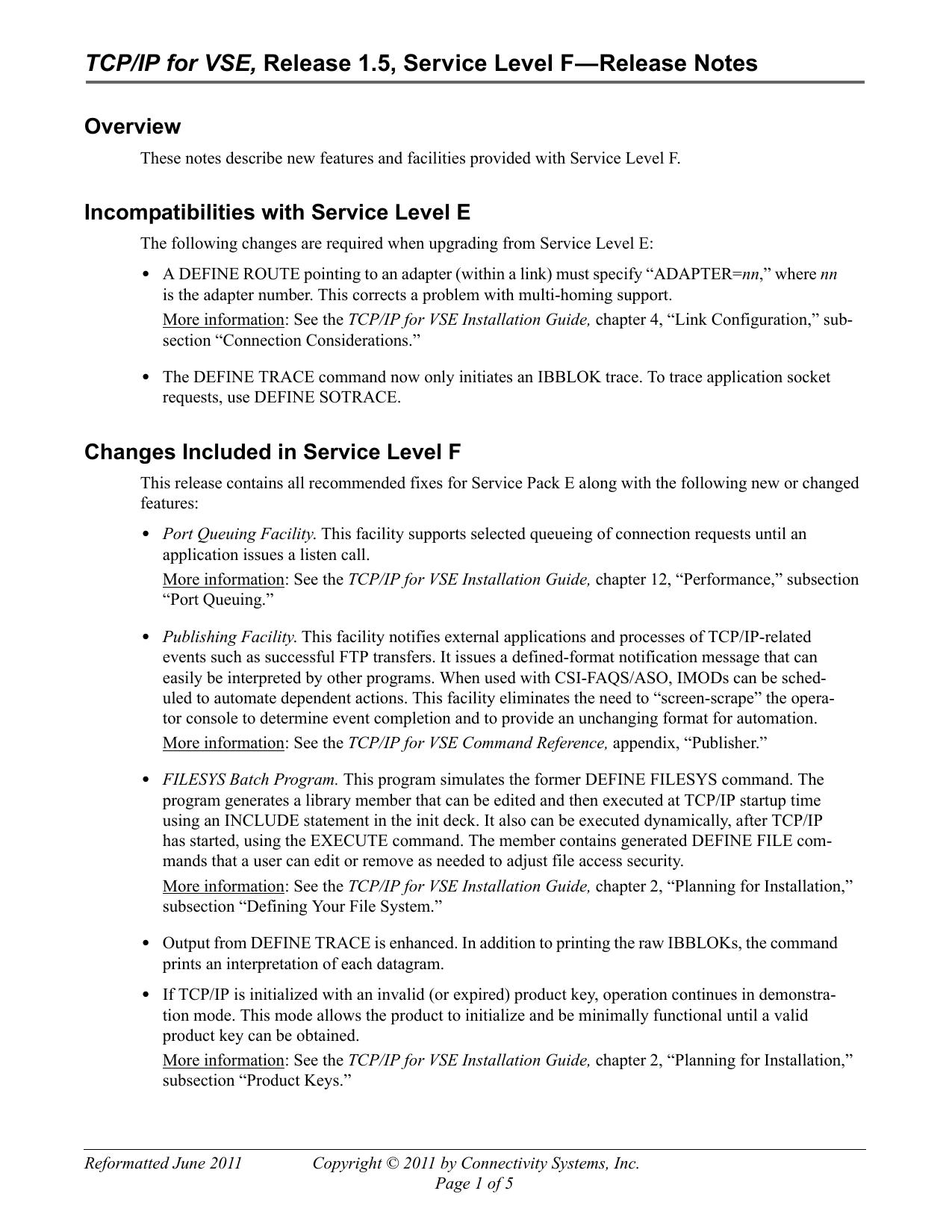 TCP/IP for VSE, Release 1.5, Service Level F—Release Notes