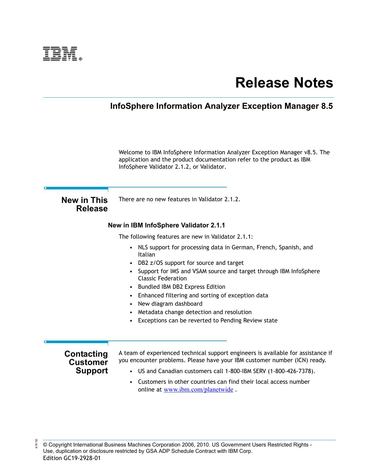 IBM InfoSphere Information Analyzer Exception Manager 8.5 Release Notes