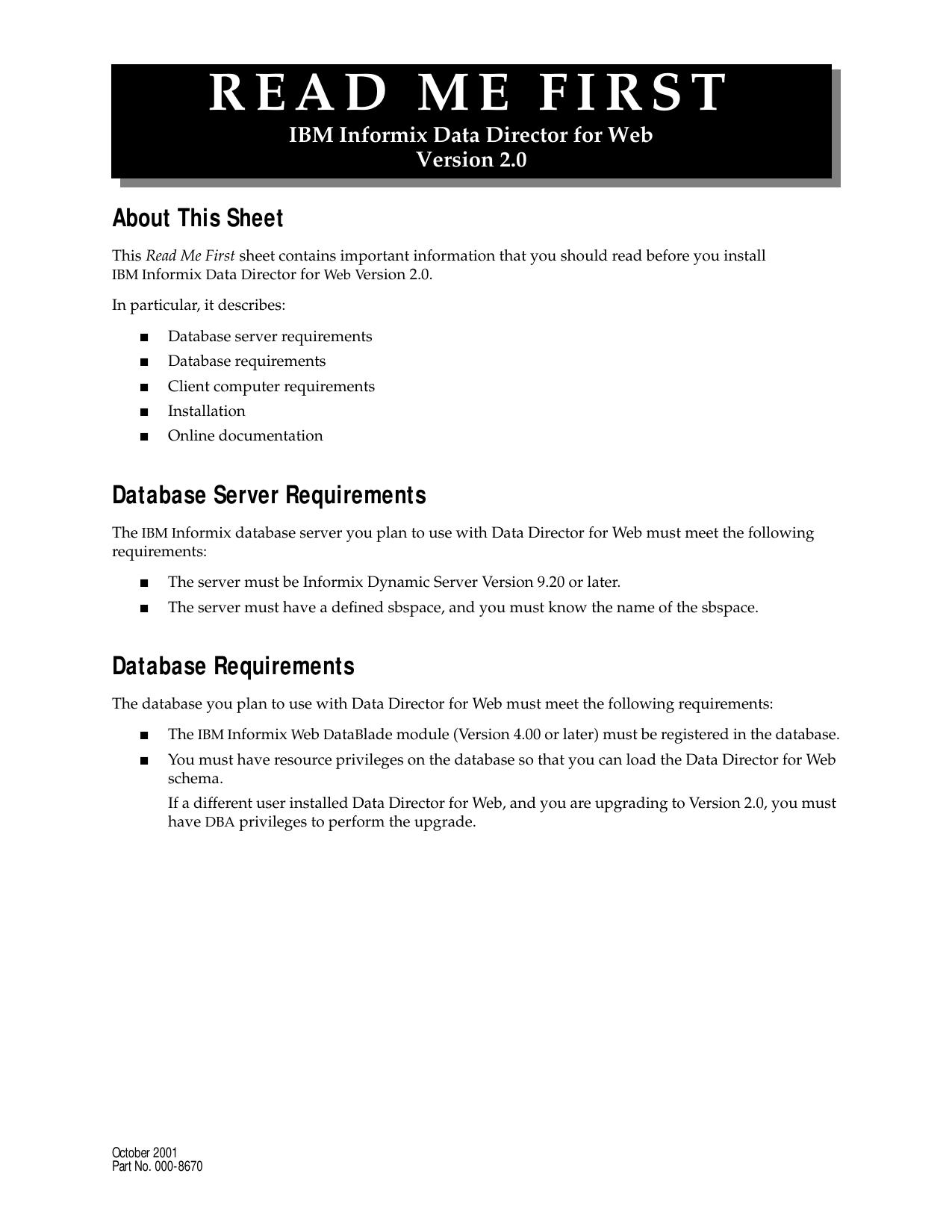 Read Me First IBM Informix Data Director for Web, Version 2.0