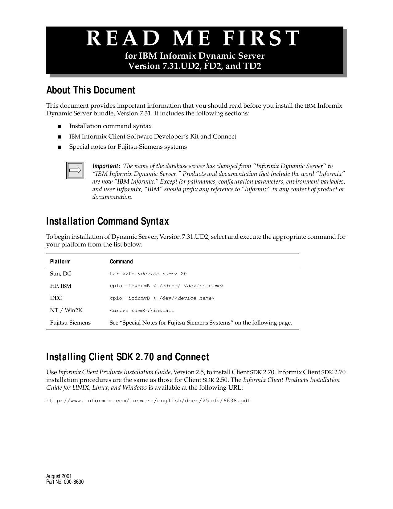 Read Me First IBM Informix Dynamic Server