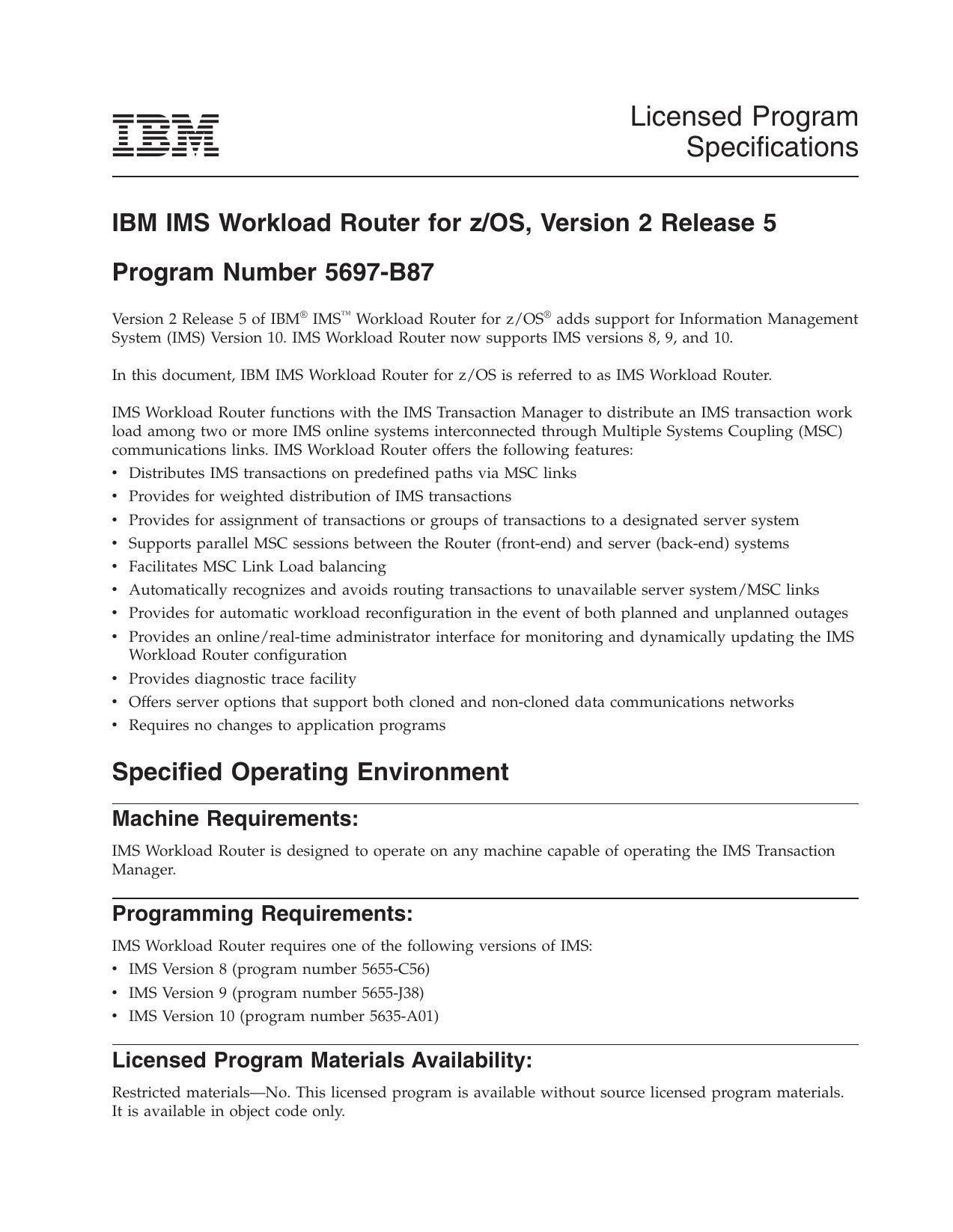 IMS Workload Router V2.5 Licensed Program Specifications