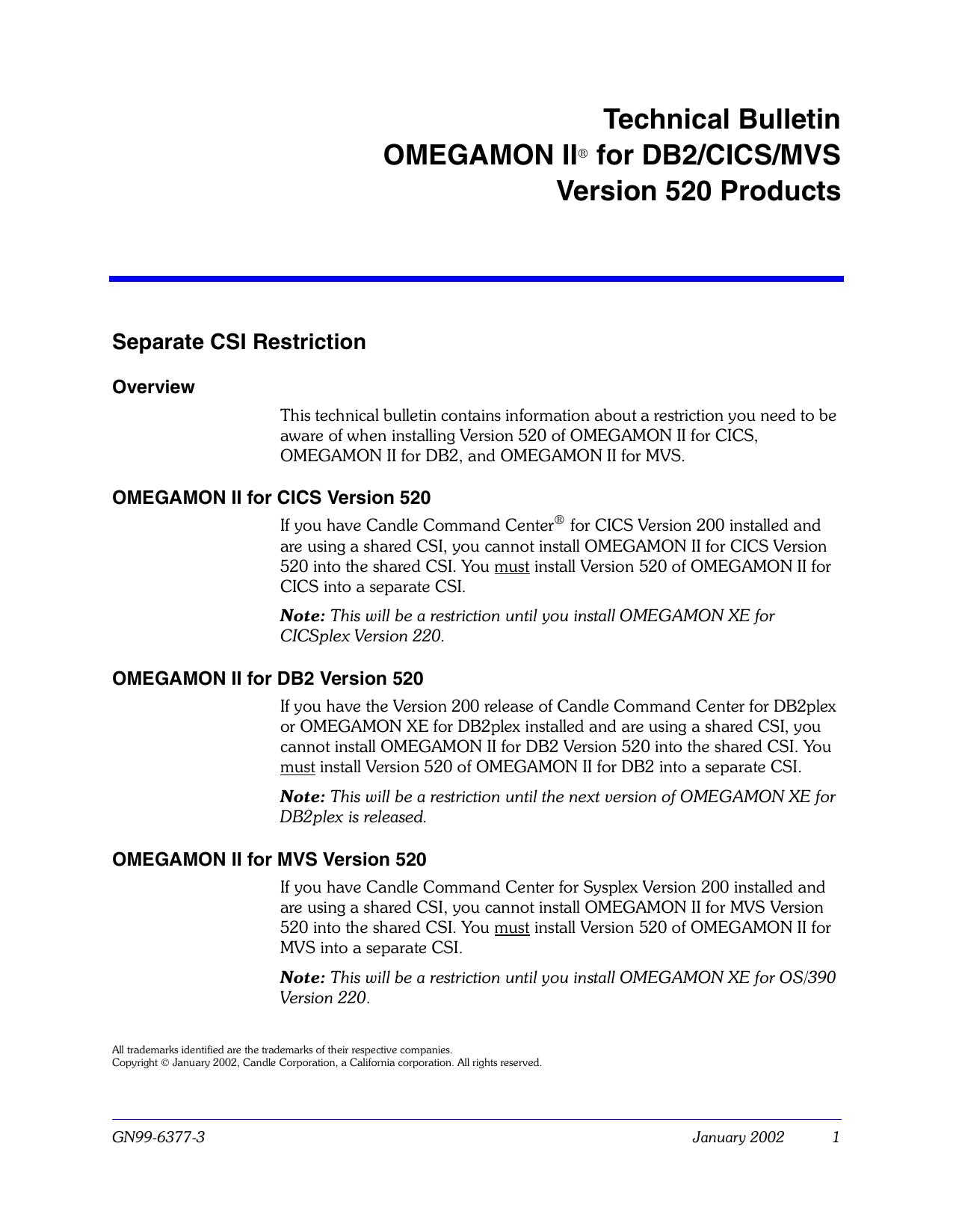 Technical Bulletin, OII for CICS, OII for DB2, and OII for MVS V520