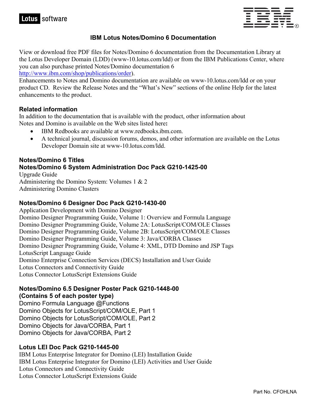 IBM Lotus Notes/Domino 6 Documentation