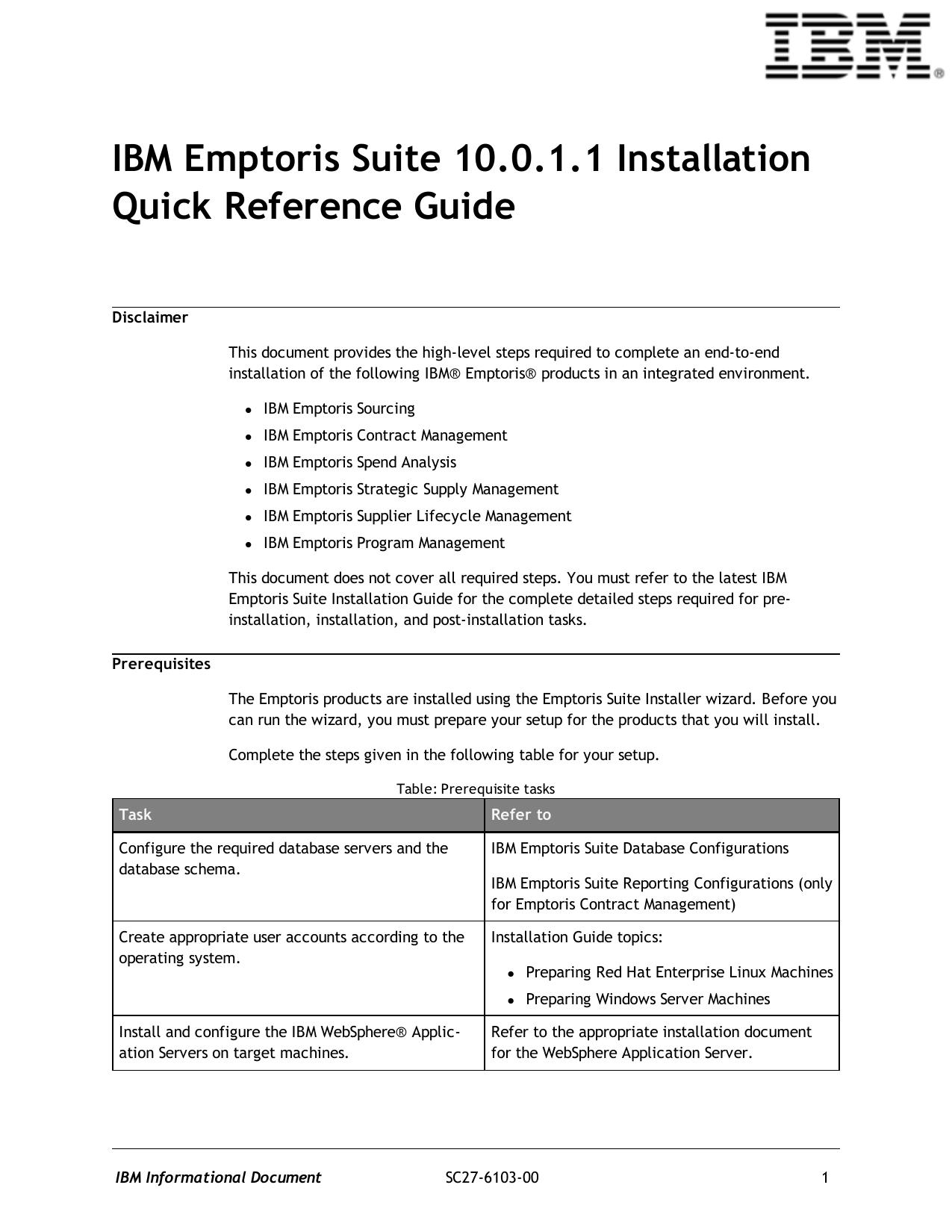 IBM Emptoris Suite 10.0.1.1 Installation Quick Reference Guide