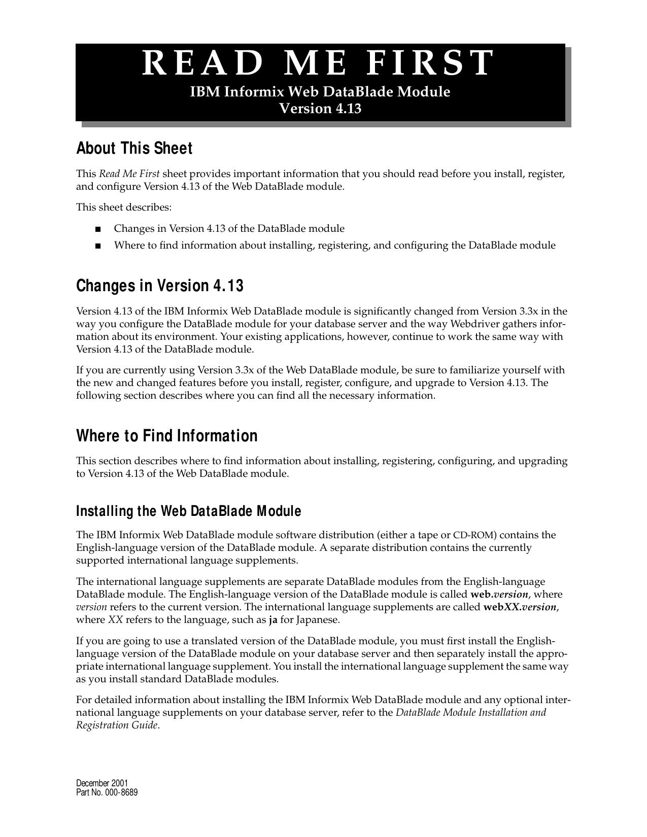 Read Me First IBM Informix Web DataBlade Module, Version 4.13