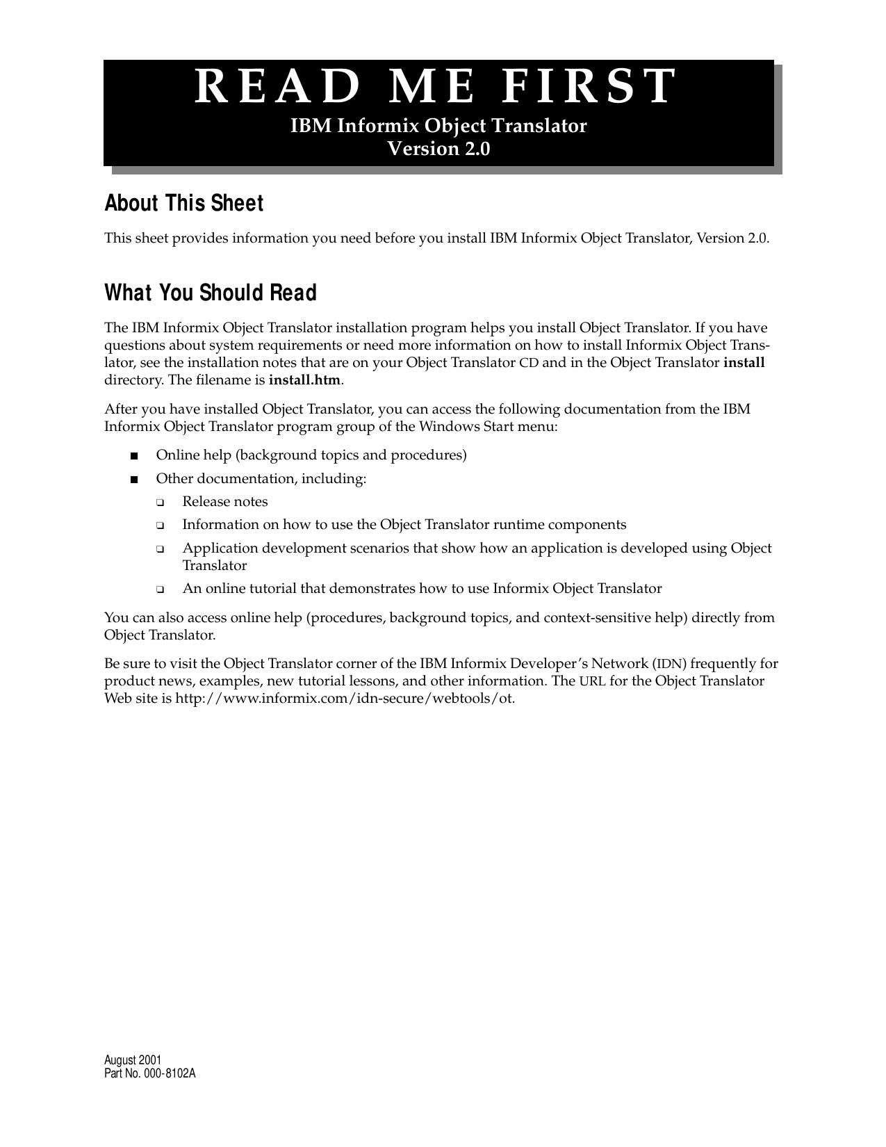 Read Me First IBM Informix Object Translator