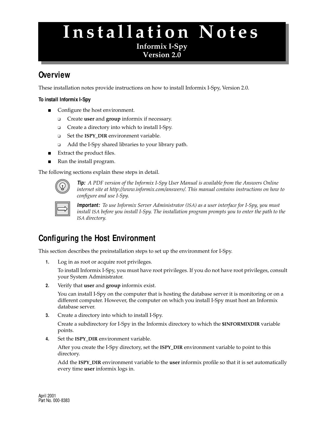 Installation Notes Informix I-Spy
