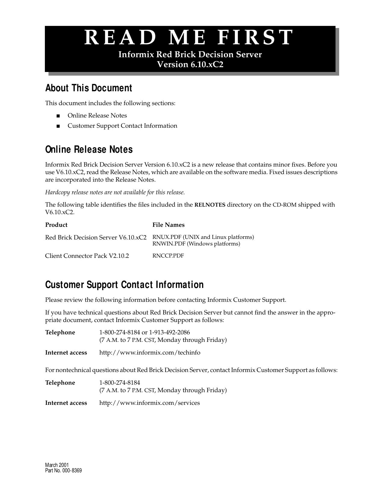 Read Me First Informix Red Brick Decision Server