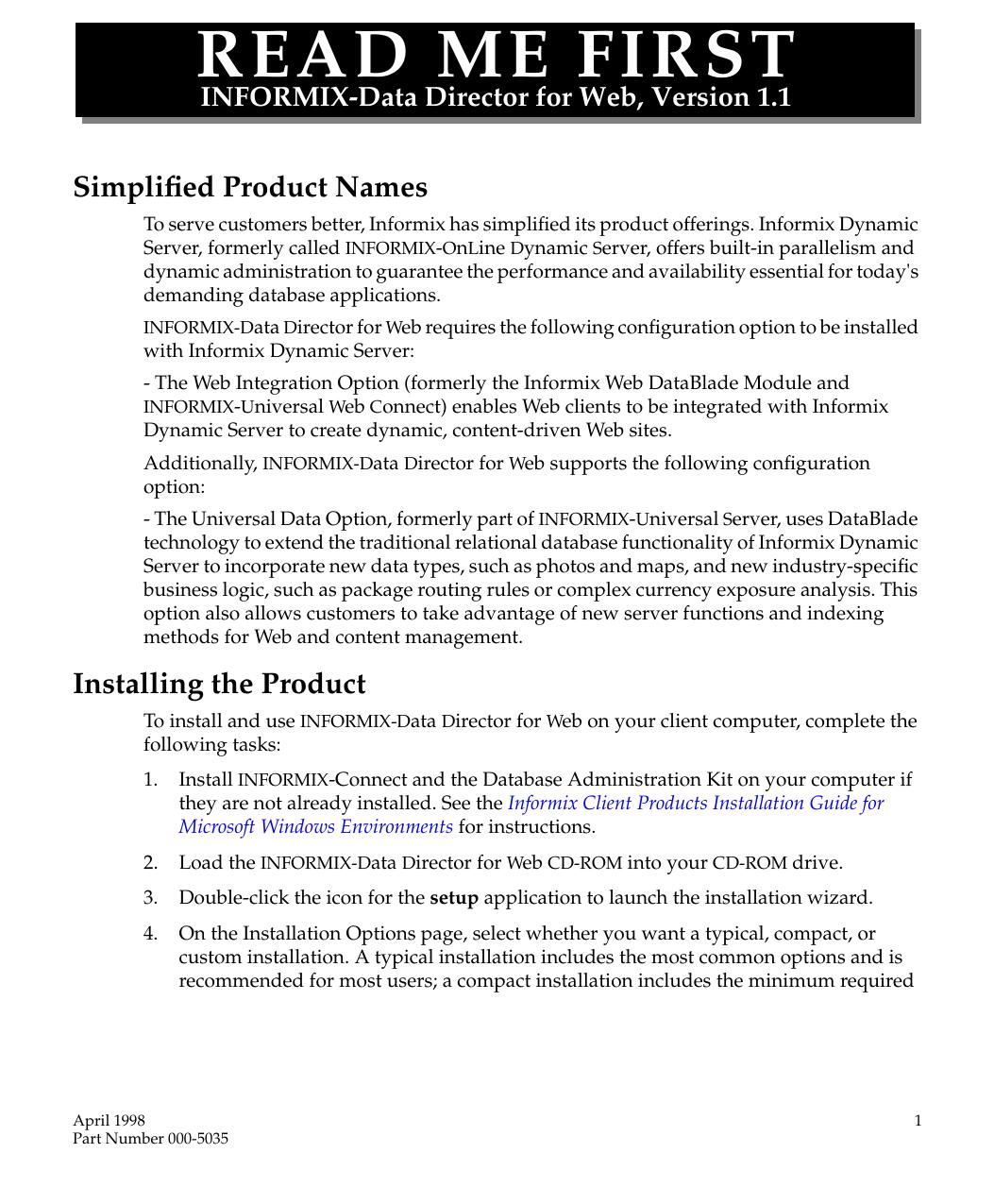 INFORMIX-Data Director for Web Read Me First