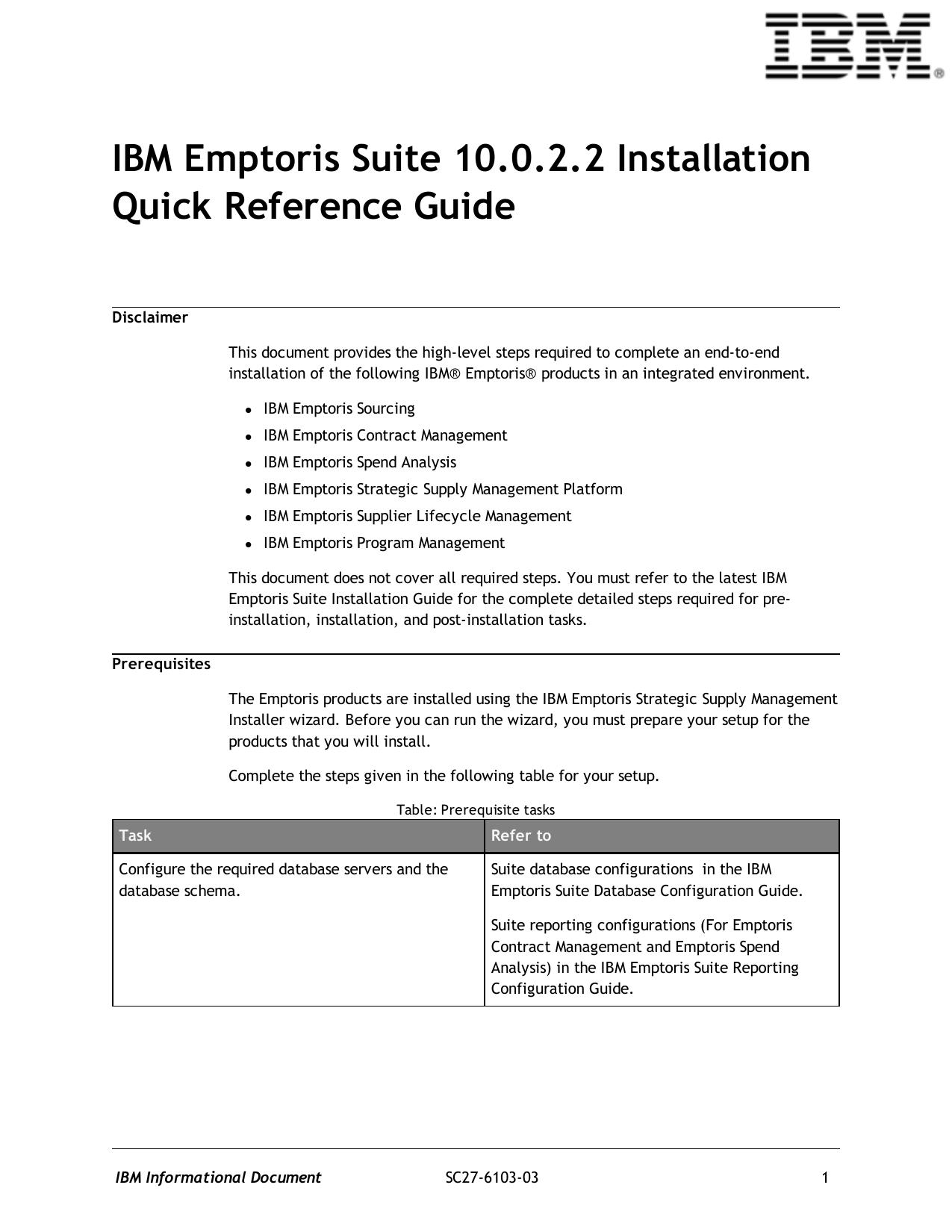 IBM Emptoris Suite 10.0.2.2 Installation Quick Reference Guide SC27-6103-03