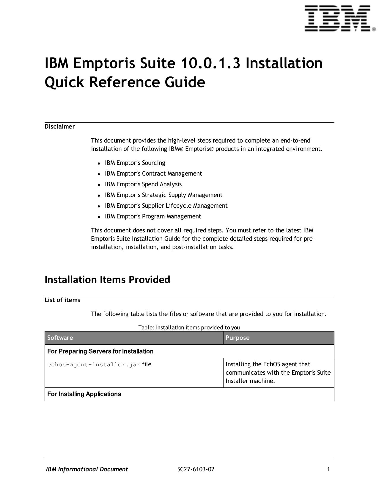 IBM Emptoris Suite 10.0.1.3 Installation Quick Reference Guide