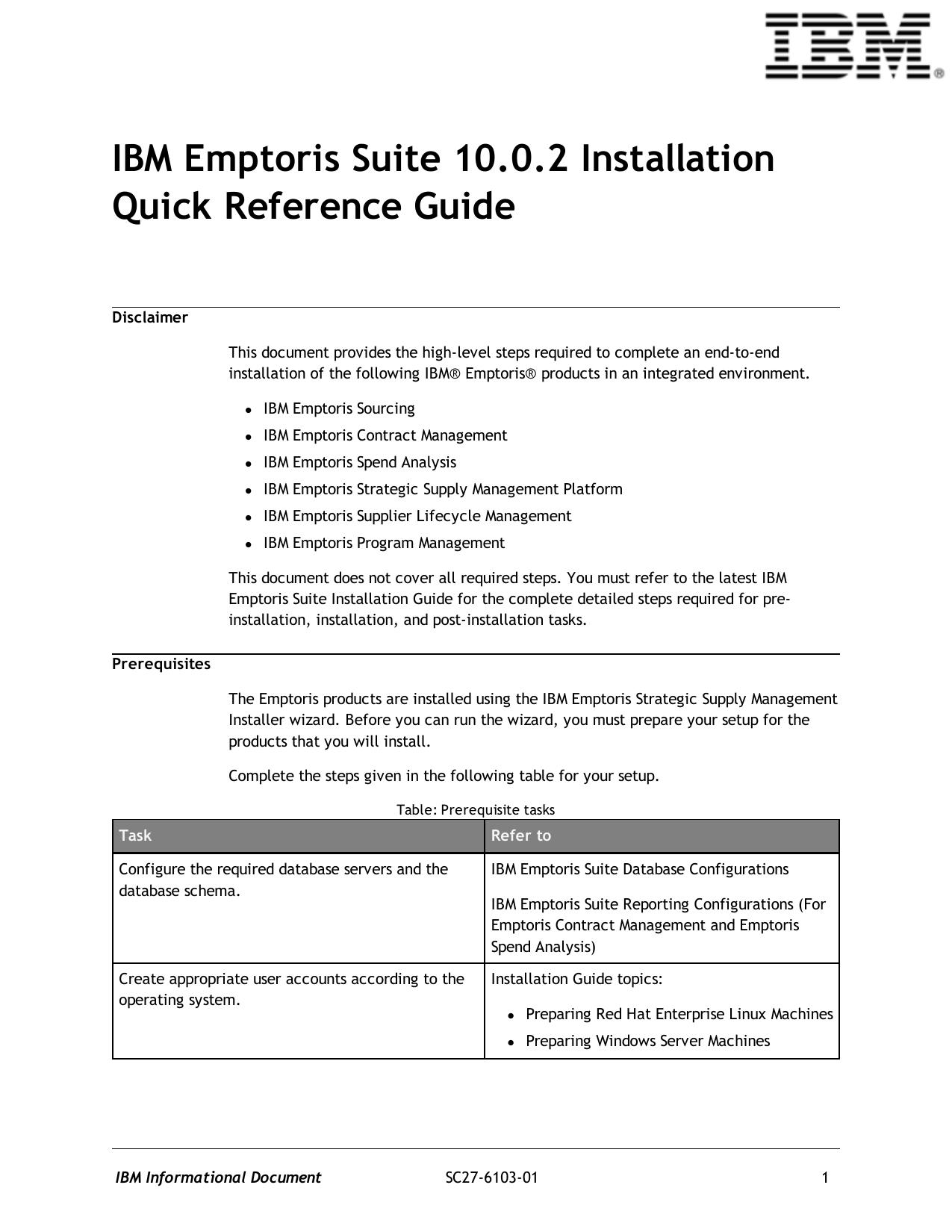 IBM Emptoris Suite 10.0.2 Installation Quick Reference Guide