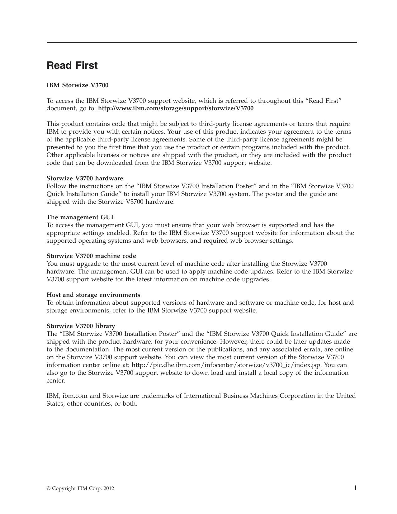 IBM Storwize V3700: Read First