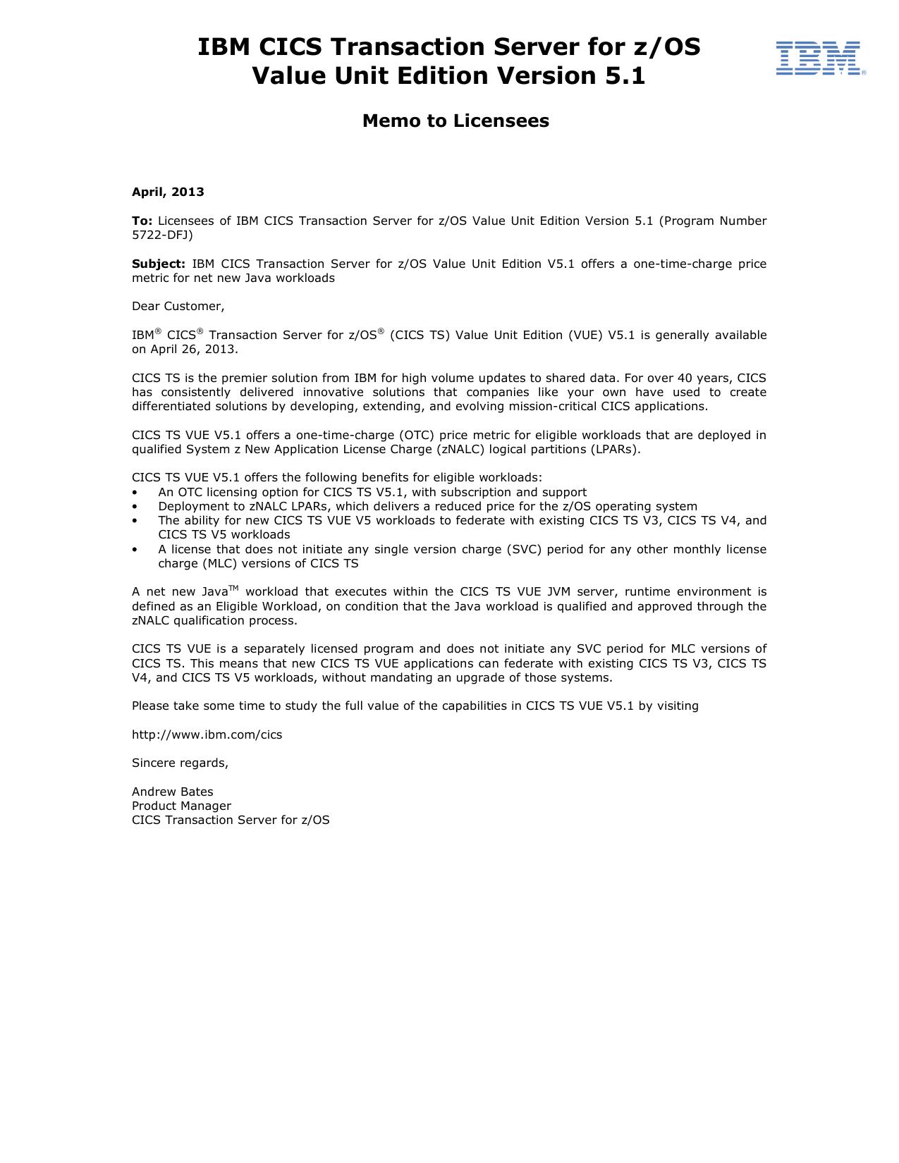 Microsoft Word - CICS TS VUE V5.1 Memo to Licensees _PNT002_.doc