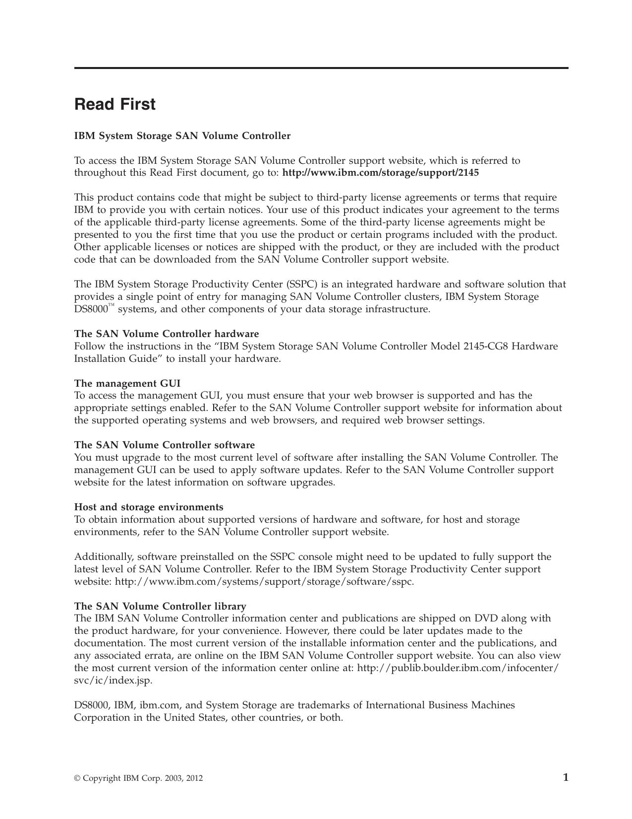 IBM System Storage SAN Volume Controller: Read First